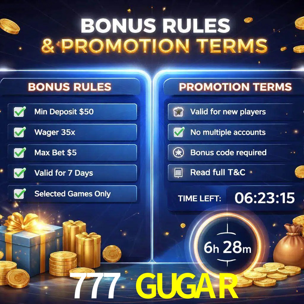 Reglas de promoción 777 GUGAR y condiciones de bonos explicadas visualmente