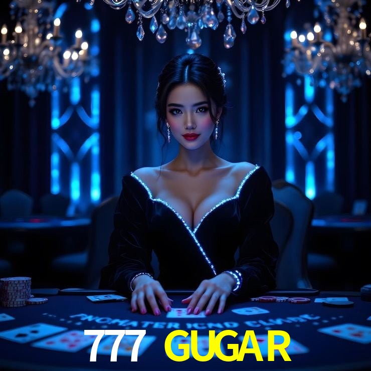 Escena dinámica inspirada en casino con iluminación 777 GUGAR, cartas, fichas e íconos de juegos digitales en un espacio moderno de juegos.