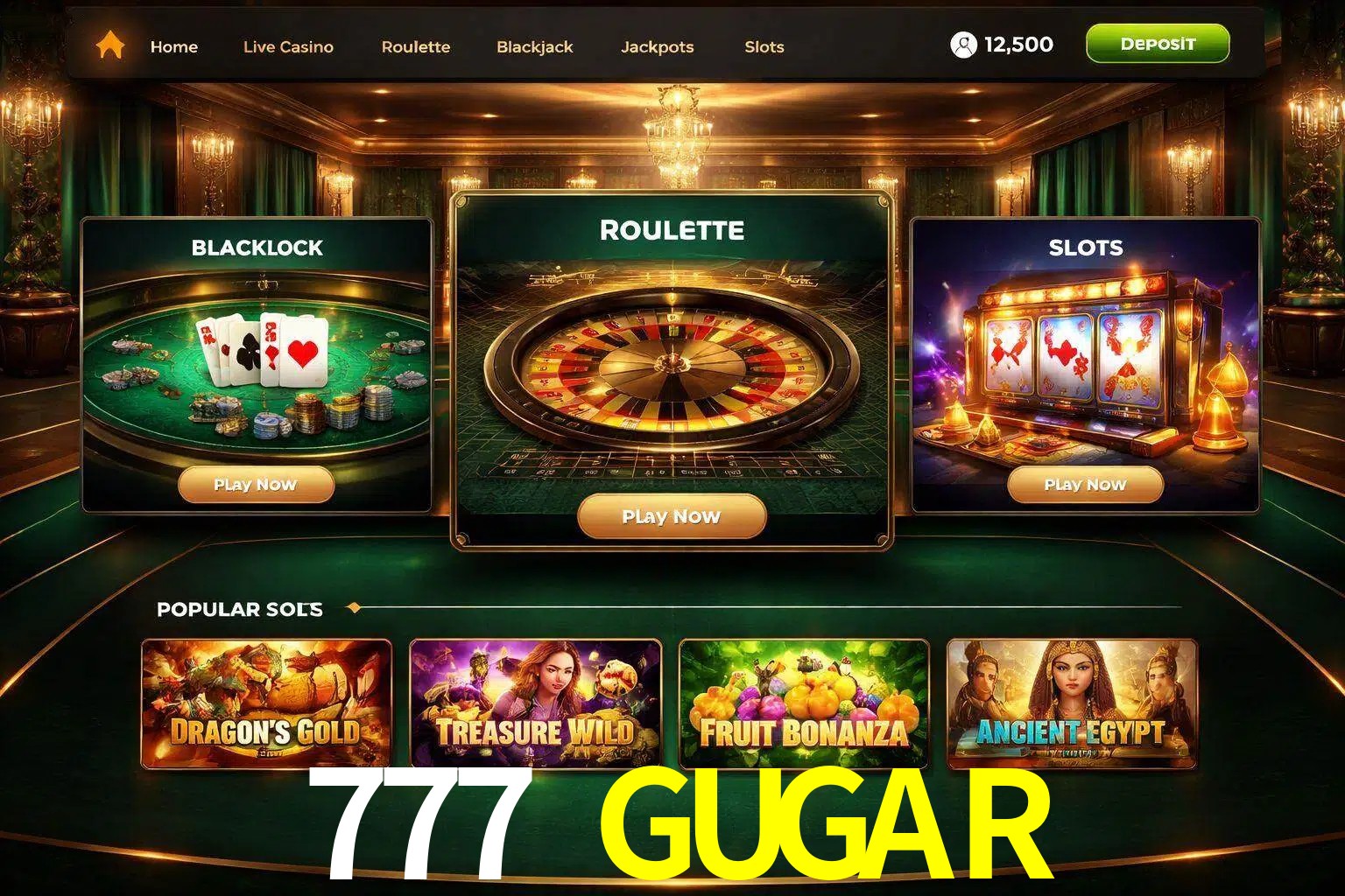 Vista de la plataforma 777 GUGAR Casino mostrando categorías organizadas de juegos en línea