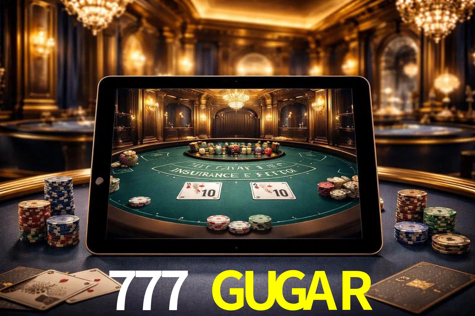 Configuración moderna de casino en vivo con una tableta mostrando una mesa de blackjack, luces cálidas de estudio y una atmósfera elegante de juegos digitales.
