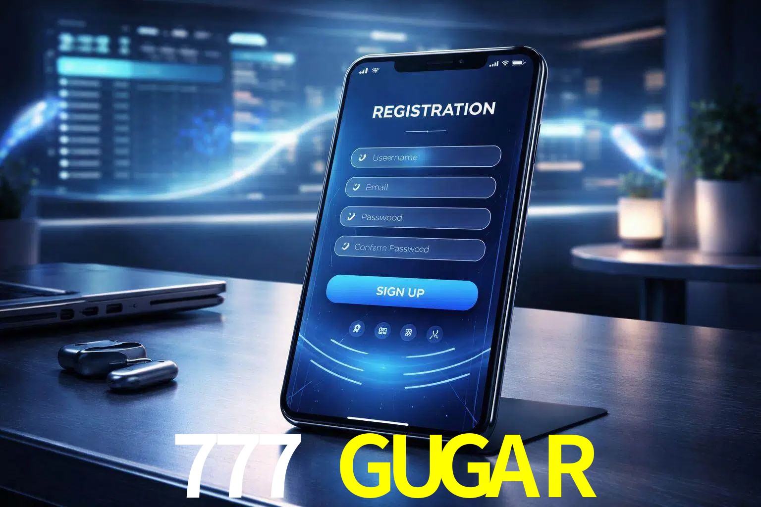 Una interfaz moderna de registro móvil para 777 GUGAR mostrada en un smartphone con un panel de apuestas elegante.